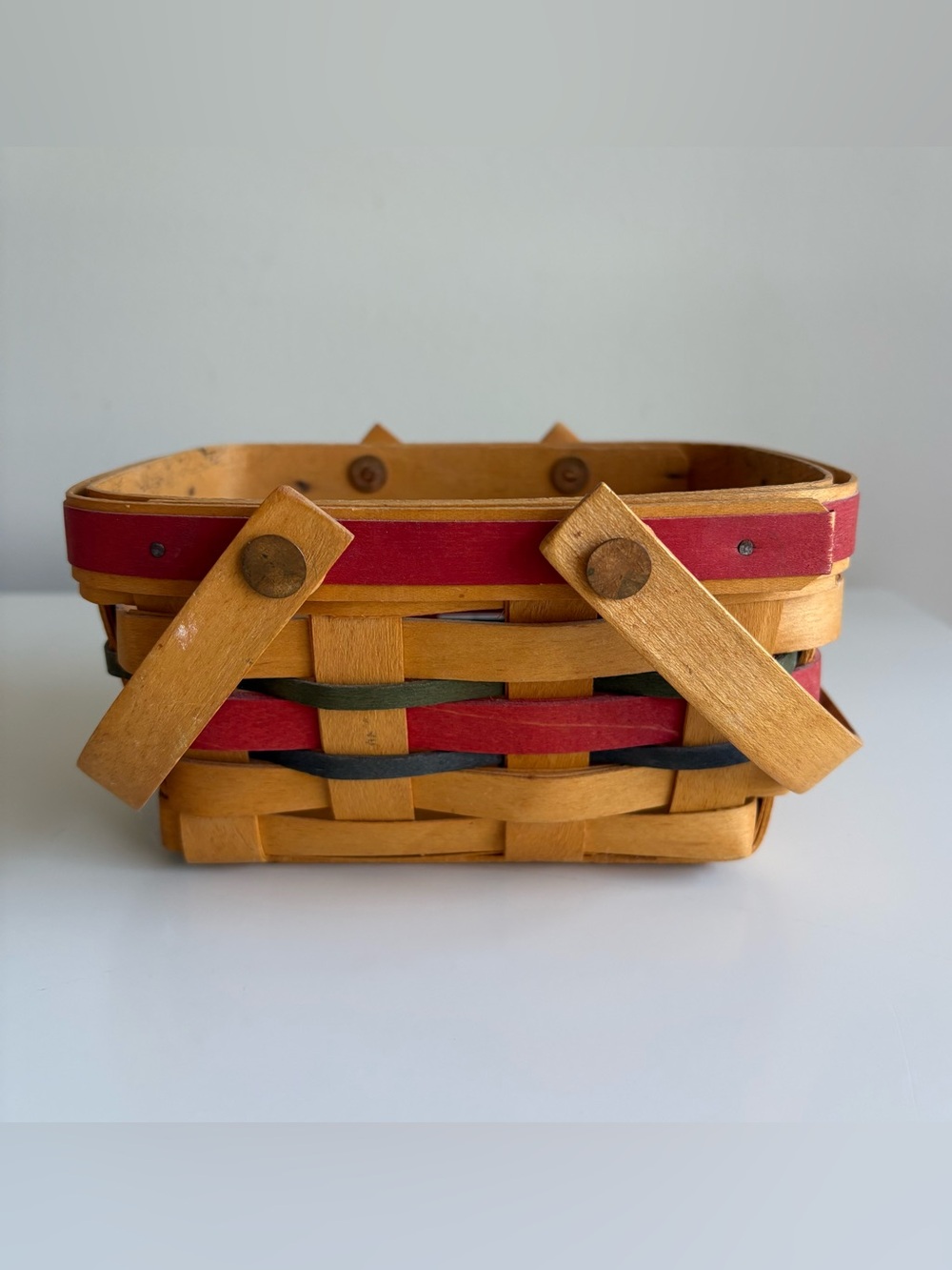 Vintage 1999 Longaberger Basket Red Green Double Handle Primitive Country